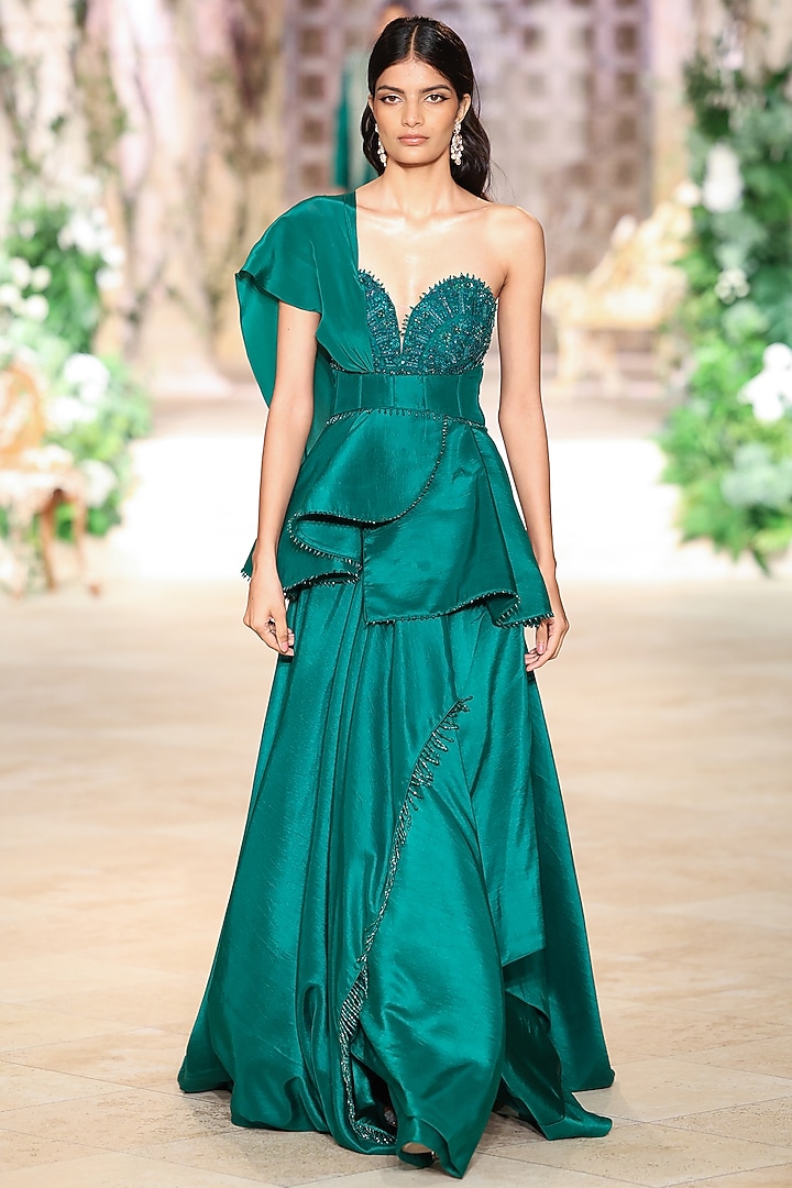 Bottle Green Silk Thread Hand Embroidered Bridal Gown by Jayanti Reddy at Pernia's Pop Up Shop