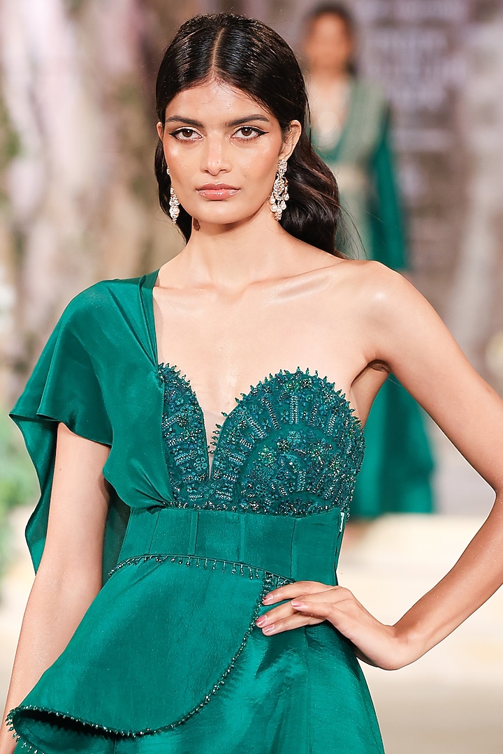 Bottle Green Silk Thread Hand Embroidered Bridal Gown by Jayanti Reddy at Pernia's Pop Up Shop