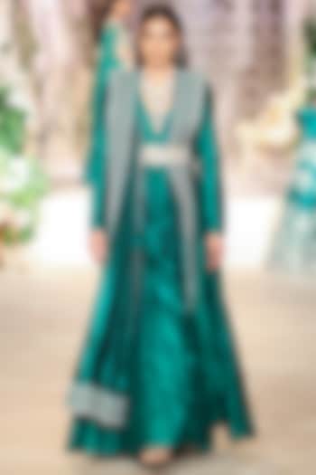 Bottle Green Silk Zardosi Hand Embroidered Bridal Anarkali Set by Jayanti Reddy at Pernia's Pop Up Shop