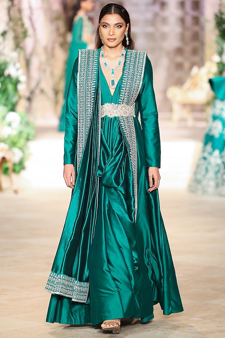 Bottle Green Silk Zardosi Hand Embroidered Bridal Anarkali Set by Jayanti Reddy at Pernia's Pop Up Shop