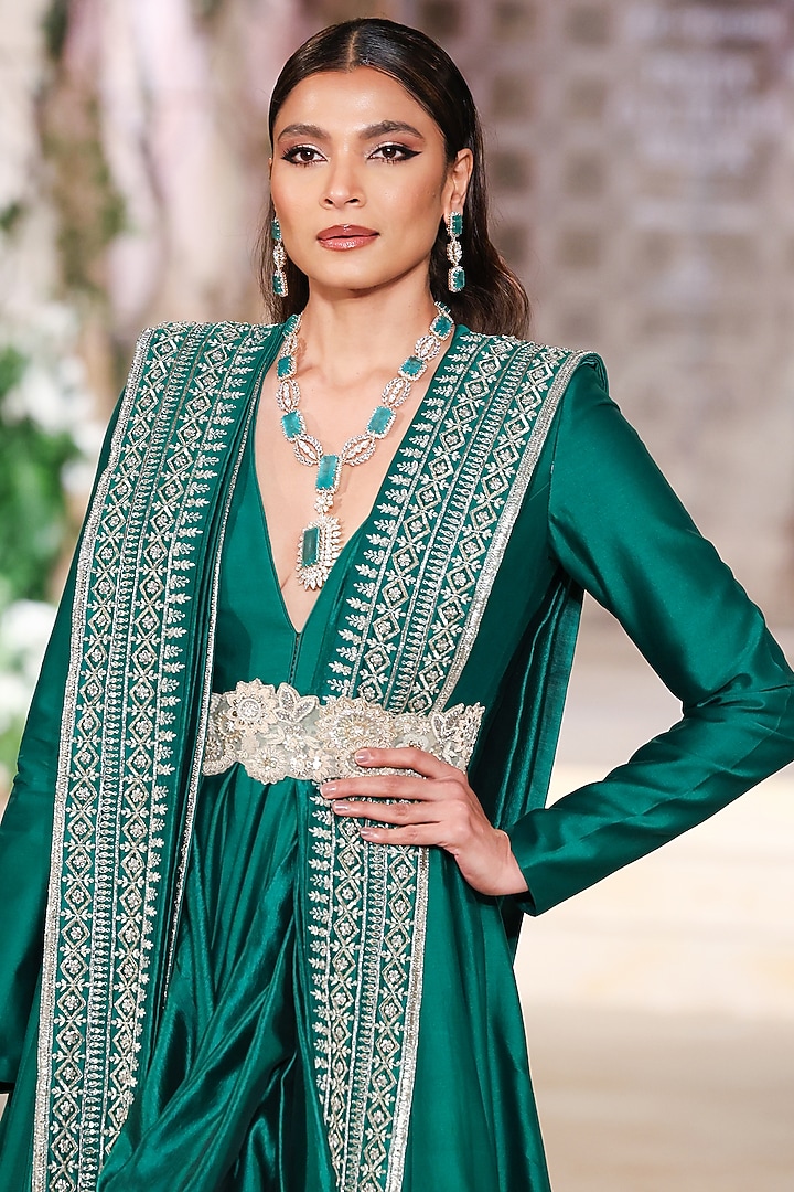 Bottle Green Silk Zardosi Hand Embroidered Bridal Anarkali Set by Jayanti Reddy at Pernia's Pop Up Shop