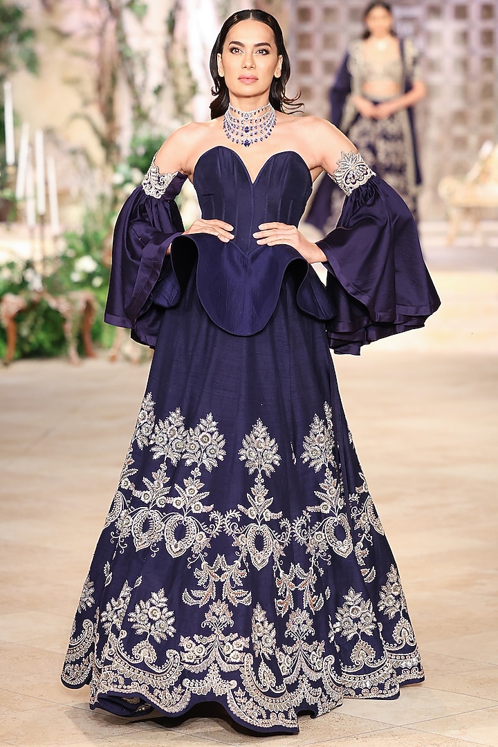 Purple Raw Silk Zardosi Hand Embroidered Bridal Lehenga Set by Jayanti Reddy at Pernia's Pop Up Shop