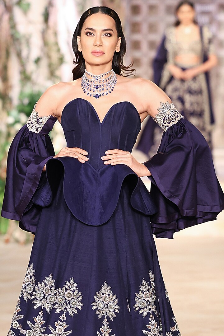 Purple Raw Silk Zardosi Hand Embroidered Bridal Lehenga Set by Jayanti Reddy at Pernia's Pop Up Shop