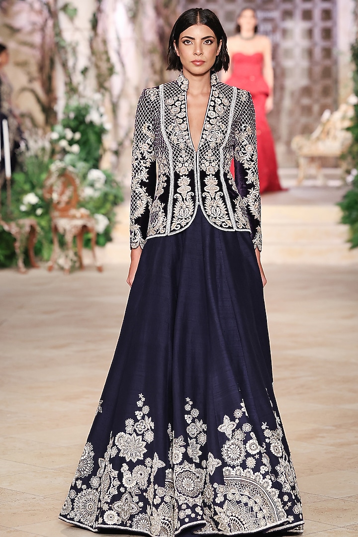 Purple Raw Silk Zardosi Hand Embroidered Jacket Bridal Lehenga Set by Jayanti Reddy at Pernia's Pop Up Shop