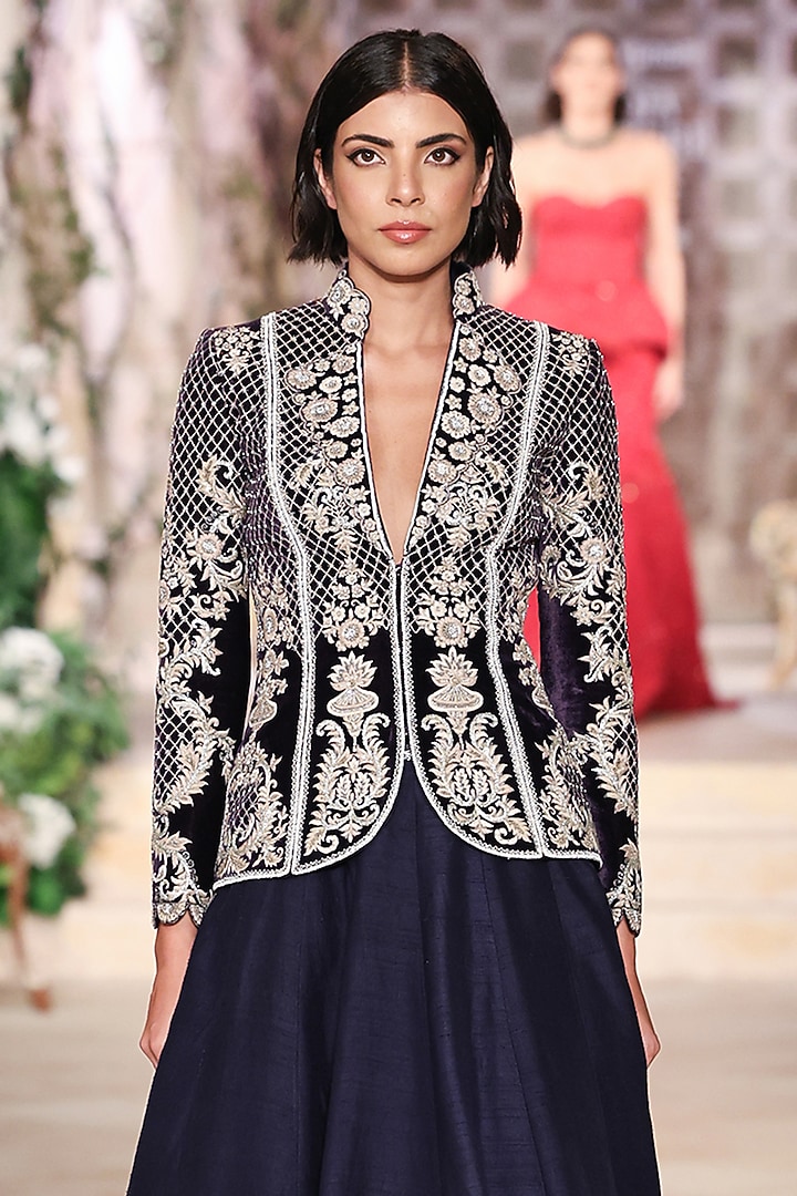 Purple Raw Silk Zardosi Hand Embroidered Jacket Bridal Lehenga Set by Jayanti Reddy at Pernia's Pop Up Shop