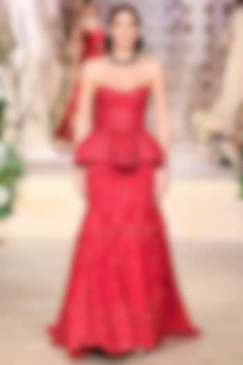 Red Net Thread & Bead Hand Embroidered Bridal Lehenga Set by Jayanti Reddy at Pernia's Pop Up Shop