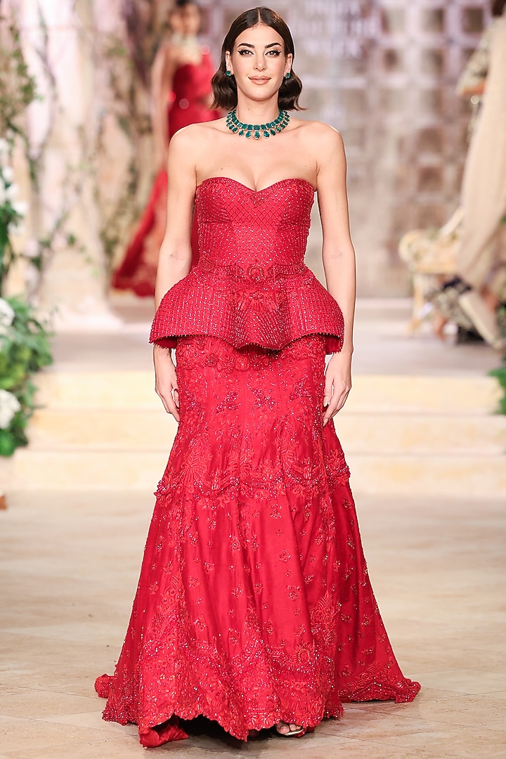 Red Net Thread & Bead Hand Embroidered Bridal Lehenga Set by Jayanti Reddy at Pernia's Pop Up Shop