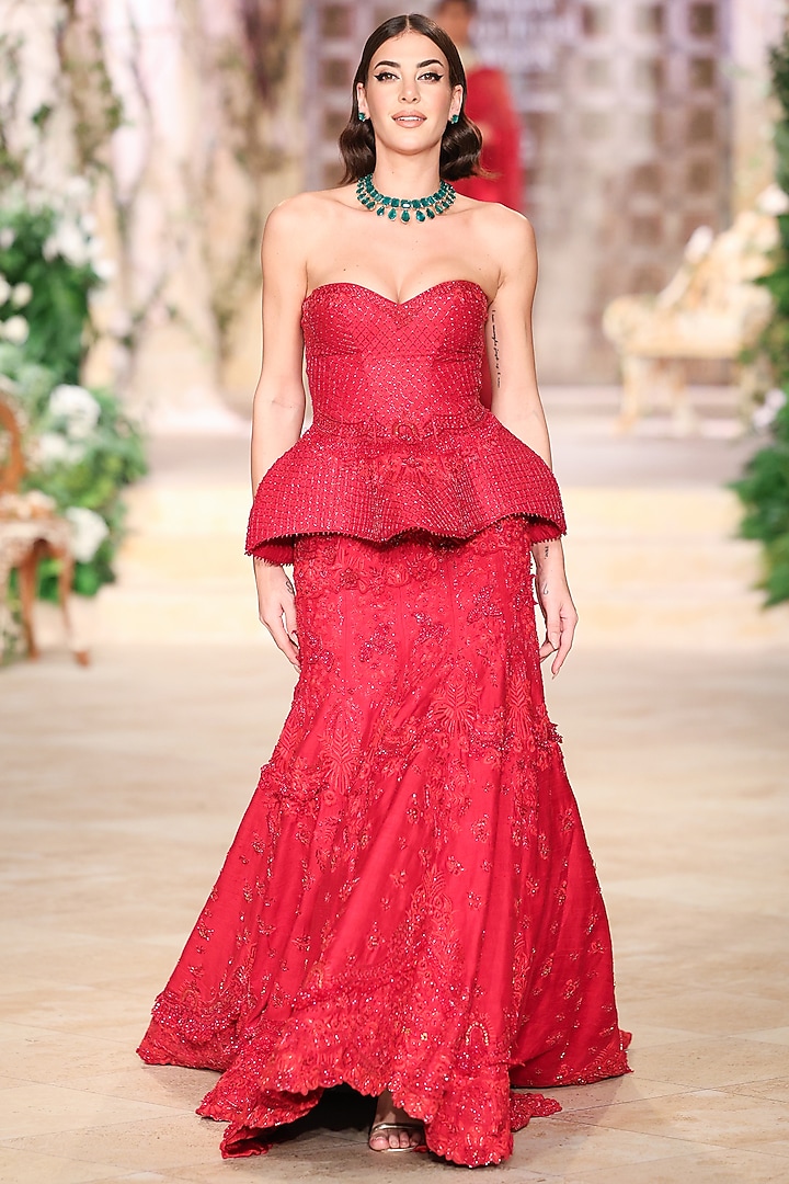 Red Net Thread & Bead Hand Embroidered Bridal Lehenga Set by Jayanti Reddy at Pernia's Pop Up Shop