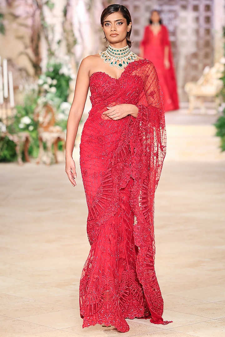 Red Net Thread & Bead Hand Embroidered Bridal Saree Set by Jayanti Reddy at Pernia's Pop Up Shop