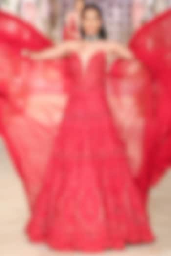 Red Net Thread & Bead Hand Embroidered Jacket Bridal Lehenga Set by Jayanti Reddy at Pernia's Pop Up Shop