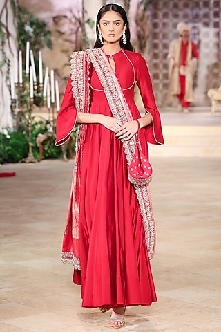 Red Silk Zardosi Hand Embroidered Anarkali Set by Jayanti Reddy