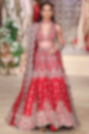 Red Raw Silk Zardosi Hand Embroidered Bridal Lehenga Set by Jayanti Reddy at Pernia's Pop Up Shop