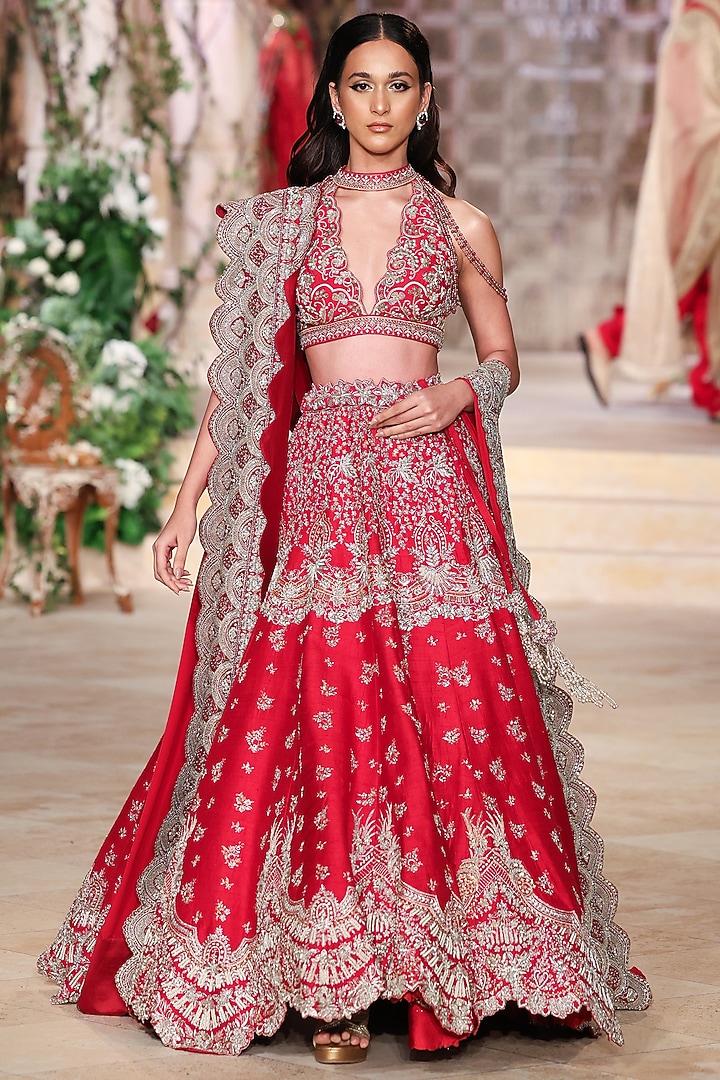 Red Raw Silk Zardosi Hand Embroidered Bridal Lehenga Set by Jayanti Reddy at Pernia's Pop Up Shop
