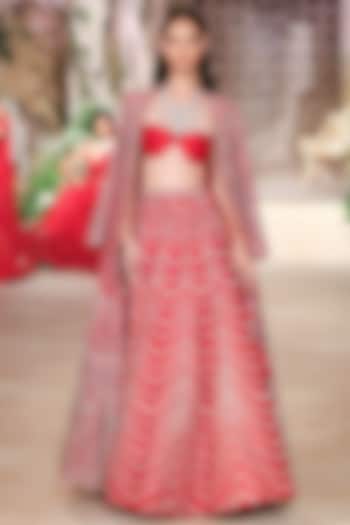 Red Raw Silk Zardosi Hand Embroidered Jacket Bridal Lehenga Set by Jayanti Reddy at Pernia's Pop Up Shop