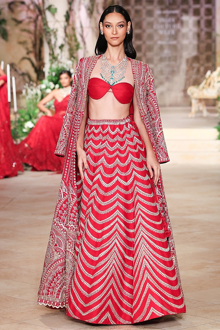 Red Raw Silk Zardosi Hand Embroidered Jacket Bridal Lehenga Set by Jayanti Reddy at Pernia's Pop Up Shop