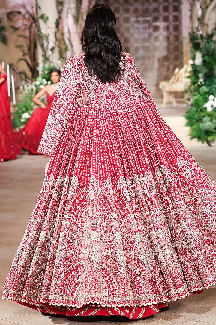 Red Raw Silk Zardosi Hand Embroidered Jacket Bridal Lehenga Set by Jayanti Reddy at Pernia's Pop Up Shop