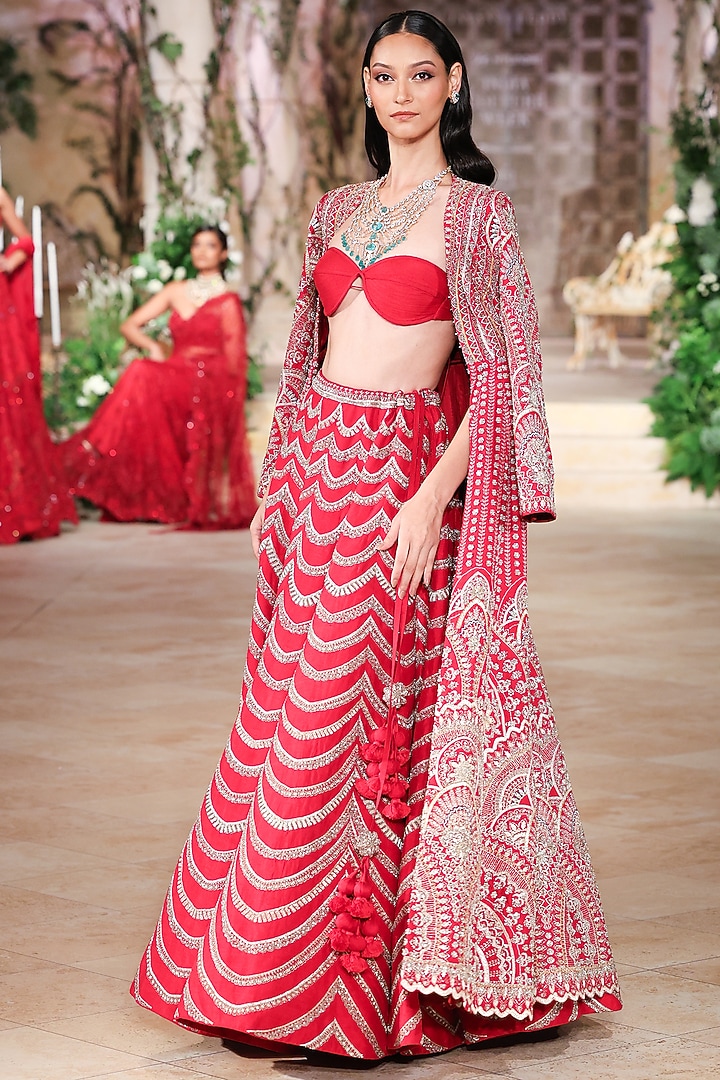 Red Raw Silk Zardosi Hand Embroidered Jacket Bridal Lehenga Set by Jayanti Reddy at Pernia's Pop Up Shop