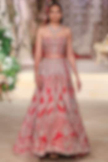 Red Raw Silk Zardosi Hand Embroidered Bridal Lehenga Set by Jayanti Reddy at Pernia's Pop Up Shop