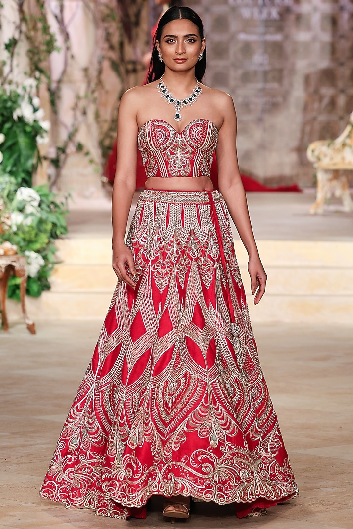Red Raw Silk Zardosi Hand Embroidered Bridal Lehenga Set by Jayanti Reddy at Pernia's Pop Up Shop