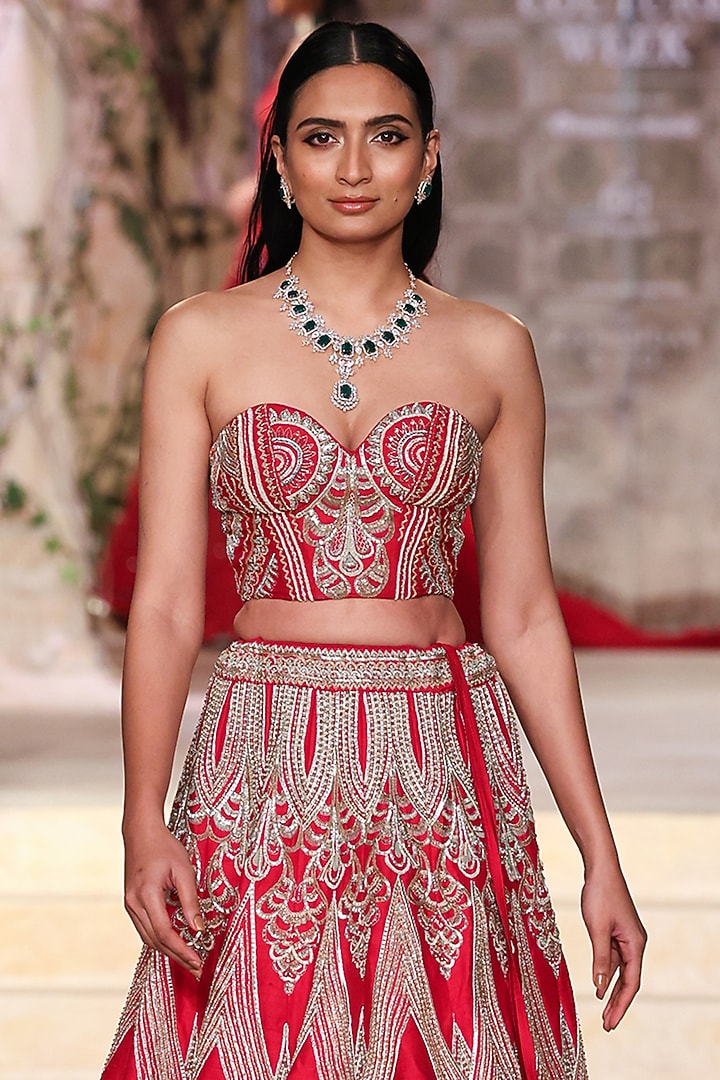 Red Raw Silk Zardosi Hand Embroidered Bridal Lehenga Set by Jayanti Reddy at Pernia's Pop Up Shop