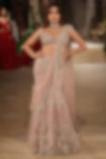 Pastel Pink Net Zardosi Hand Embroidered Bridal Lehenga Set by Jayanti Reddy at Pernia's Pop Up Shop