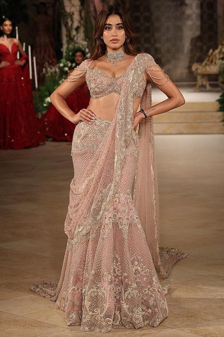 Pastel Pink Net Zardosi Hand Embroidered Bridal Lehenga Set by Jayanti Reddy at Pernia's Pop Up Shop