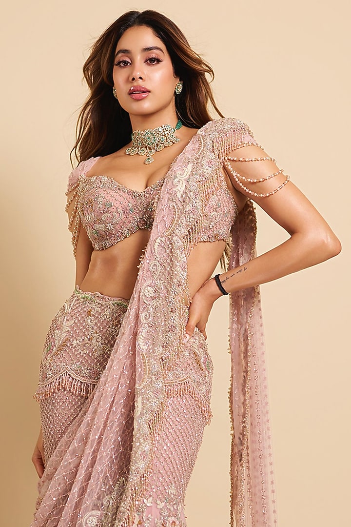 Pastel Pink Net Zardosi Hand Embroidered Bridal Lehenga Set by Jayanti Reddy at Pernia's Pop Up Shop