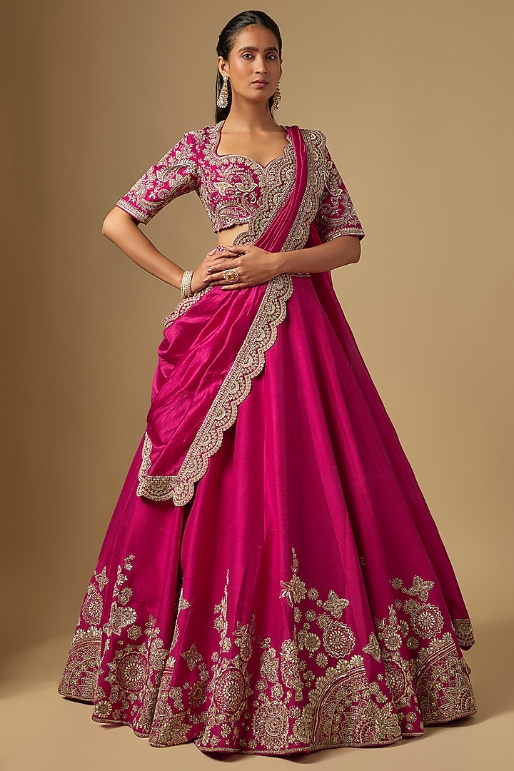 Pink Raw Silk Zardosi Embroidered Bridal Lehenga Set by Jayanti Reddy at Pernia's Pop Up Shop