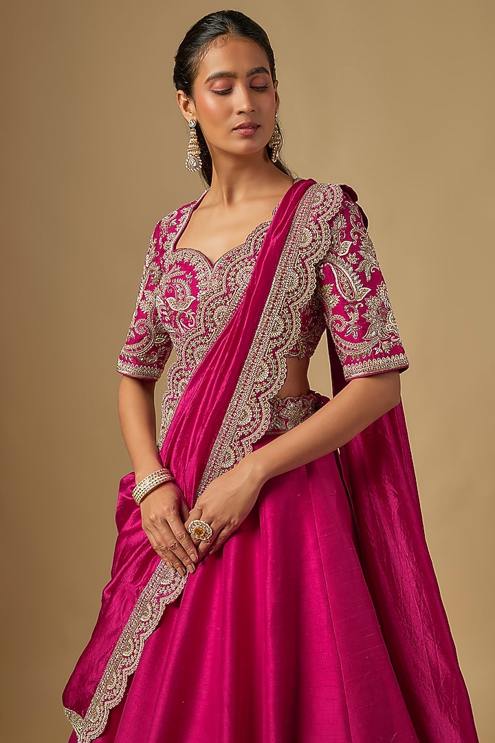 Pink Raw Silk Zardosi Embroidered Bridal Lehenga Set by Jayanti Reddy at Pernia's Pop Up Shop