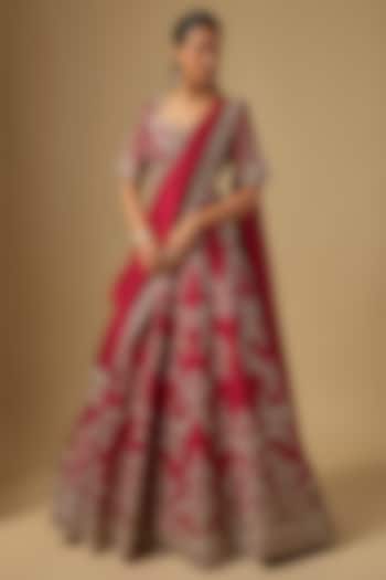 Red Raw Silk Zardosi Embroidered Bridal Lehenga Set by Jayanti Reddy at Pernia's Pop Up Shop