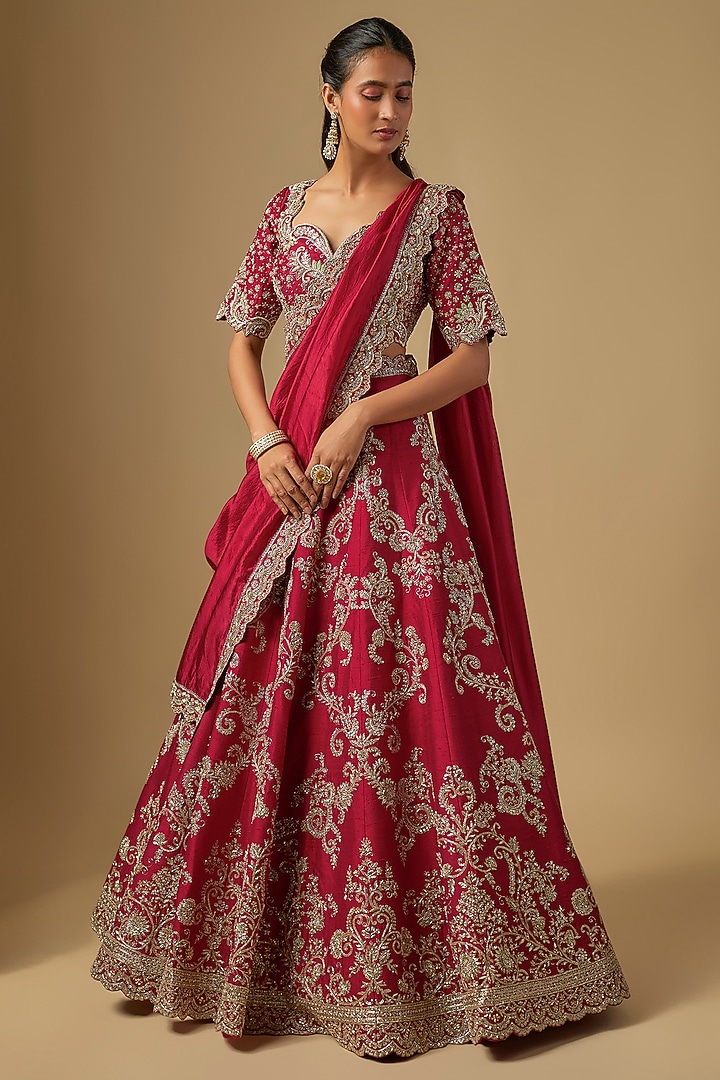 Red Raw Silk Zardosi Embroidered Bridal Lehenga Set by Jayanti Reddy at Pernia's Pop Up Shop