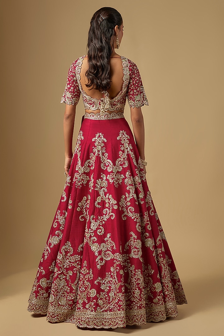 Red Raw Silk Zardosi Embroidered Bridal Lehenga Set by Jayanti Reddy at Pernia's Pop Up Shop