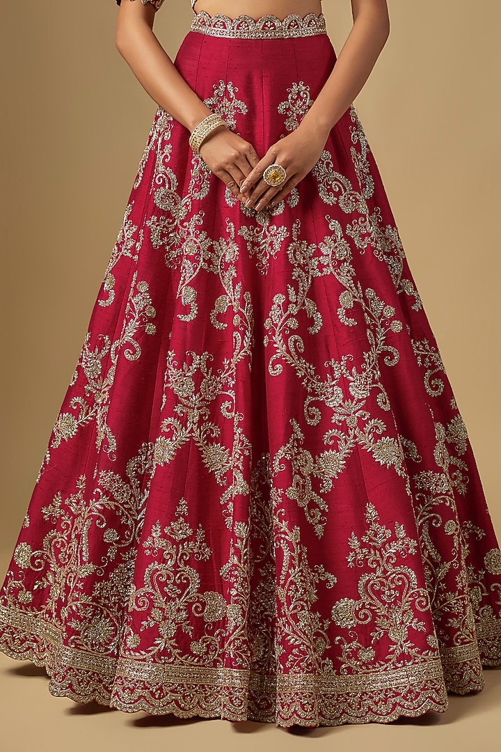 Red Raw Silk Zardosi Embroidered Bridal Lehenga Set by Jayanti Reddy at Pernia's Pop Up Shop