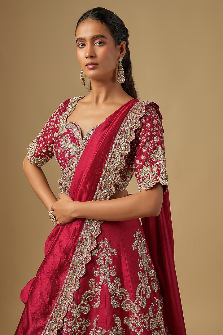 Red Raw Silk Zardosi Embroidered Bridal Lehenga Set by Jayanti Reddy at Pernia's Pop Up Shop