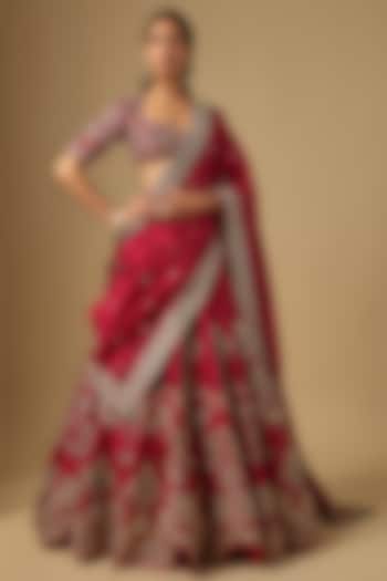 Red Raw Silk Zardosi Embroidered Bridal Lehenga Set by Jayanti Reddy at Pernia's Pop Up Shop