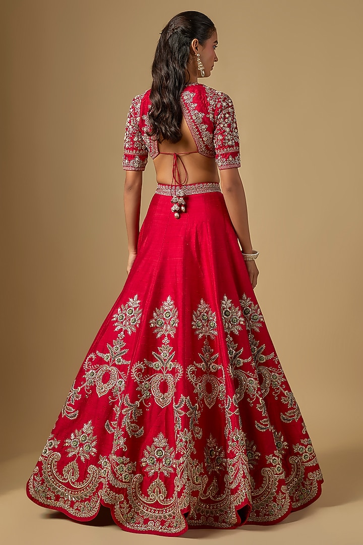 Red Raw Silk Zardosi Embroidered Bridal Lehenga Set by Jayanti Reddy at Pernia's Pop Up Shop