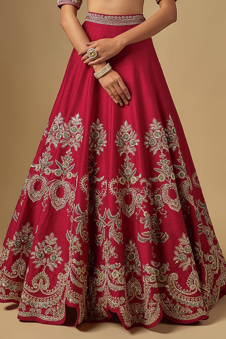 Red Raw Silk Zardosi Embroidered Bridal Lehenga Set by Jayanti Reddy at Pernia's Pop Up Shop
