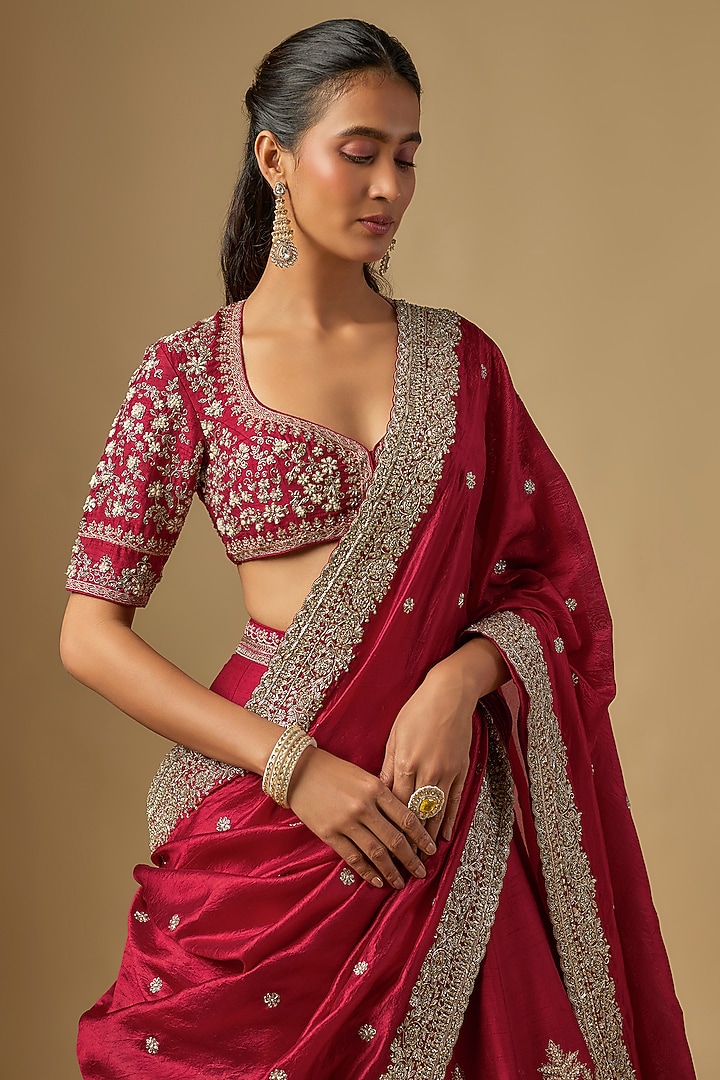 Red Raw Silk Zardosi Embroidered Bridal Lehenga Set by Jayanti Reddy at Pernia's Pop Up Shop