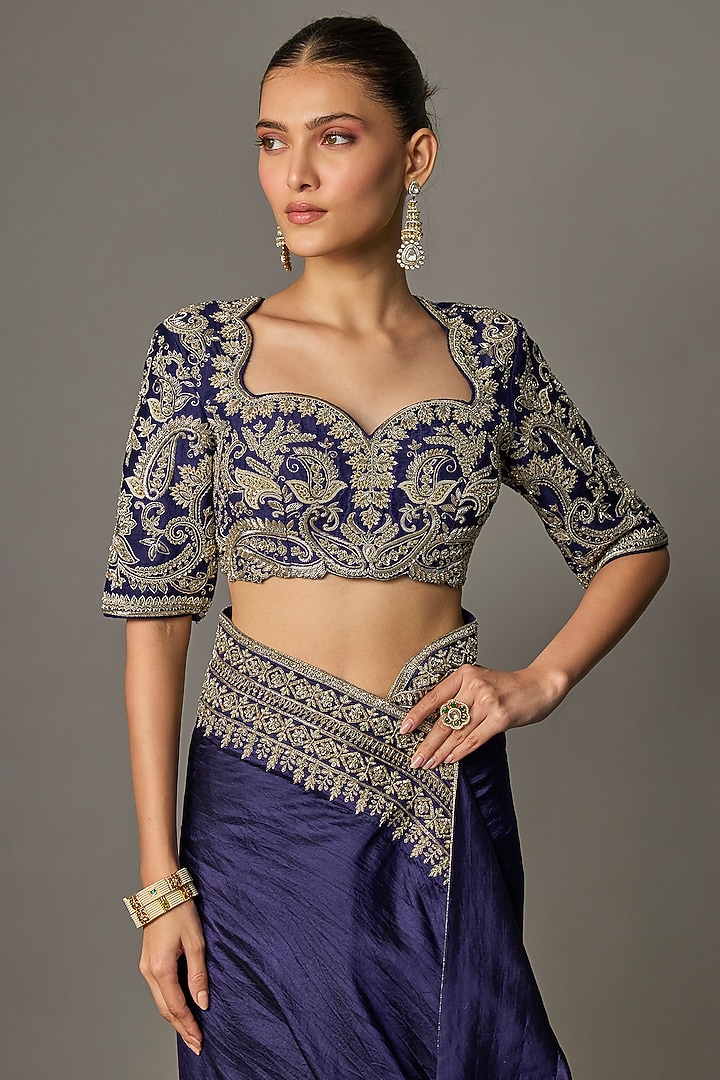 Purple Silk Zardosi Work Bridal Saree Set by Jayanti Reddy at Pernia's Pop Up Shop