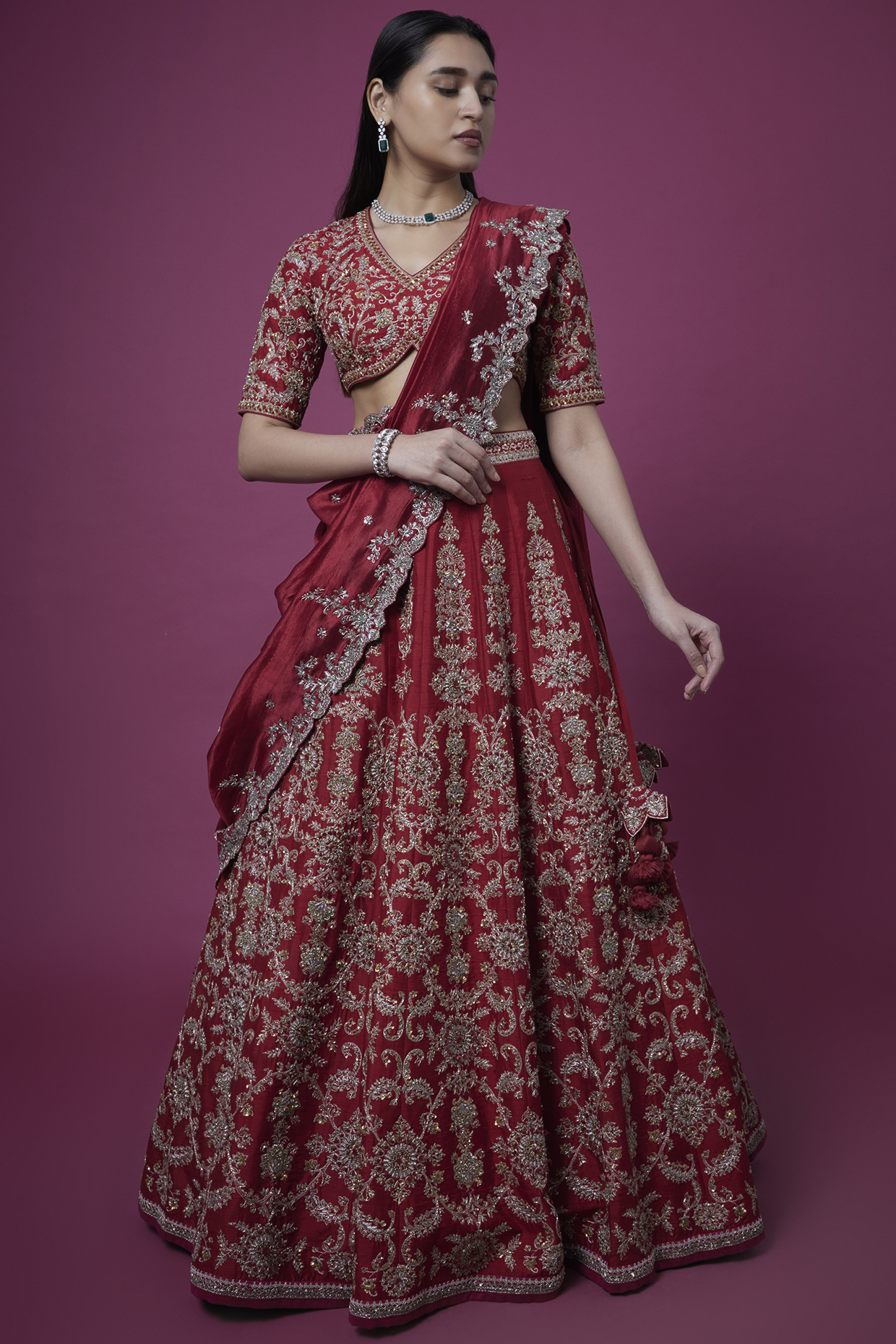 Red Silk Zardosi Embroidered Bridal Lehenga Set by Jayanti Reddy at Pernia's Pop Up Shop