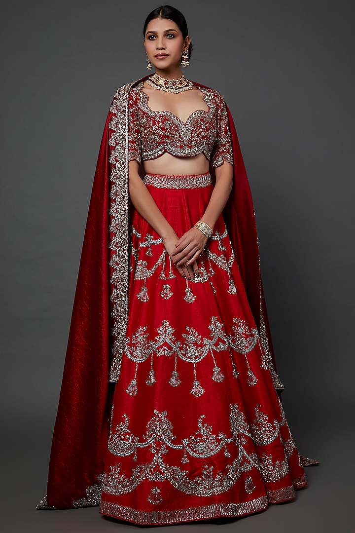 Red Silk Zardosi Embroidered Bridal Lehenga Set by Jayanti Reddy at Pernia's Pop Up Shop