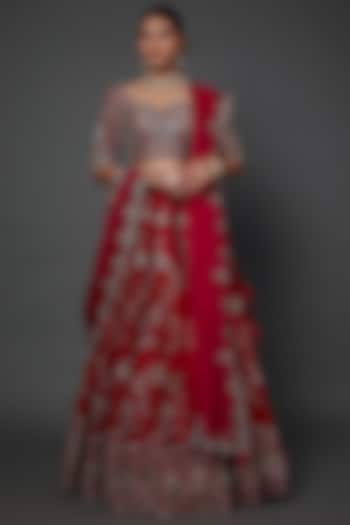 Red Silk Zardosi Embroidered Bridal Lehenga Set by Jayanti Reddy at Pernia's Pop Up Shop