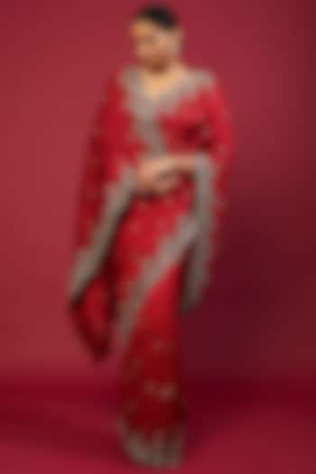 Red Silk Cutwork & Zardosi Embroidered Reception Saree by Jayanti Reddy at Pernia's Pop Up Shop