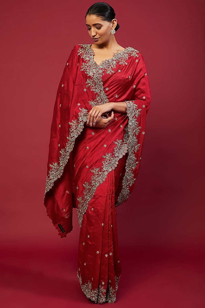 Red Silk Cutwork & Zardosi Embroidered Reception Saree by Jayanti Reddy at Pernia's Pop Up Shop