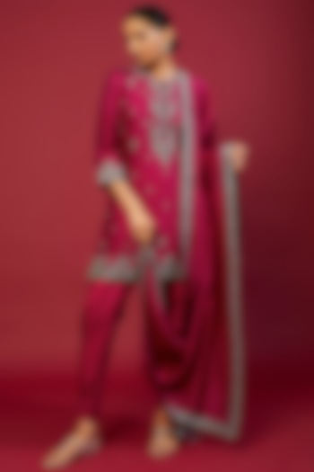 Red Silk Zardosi Emboidered Tunic Set by Jayanti Reddy