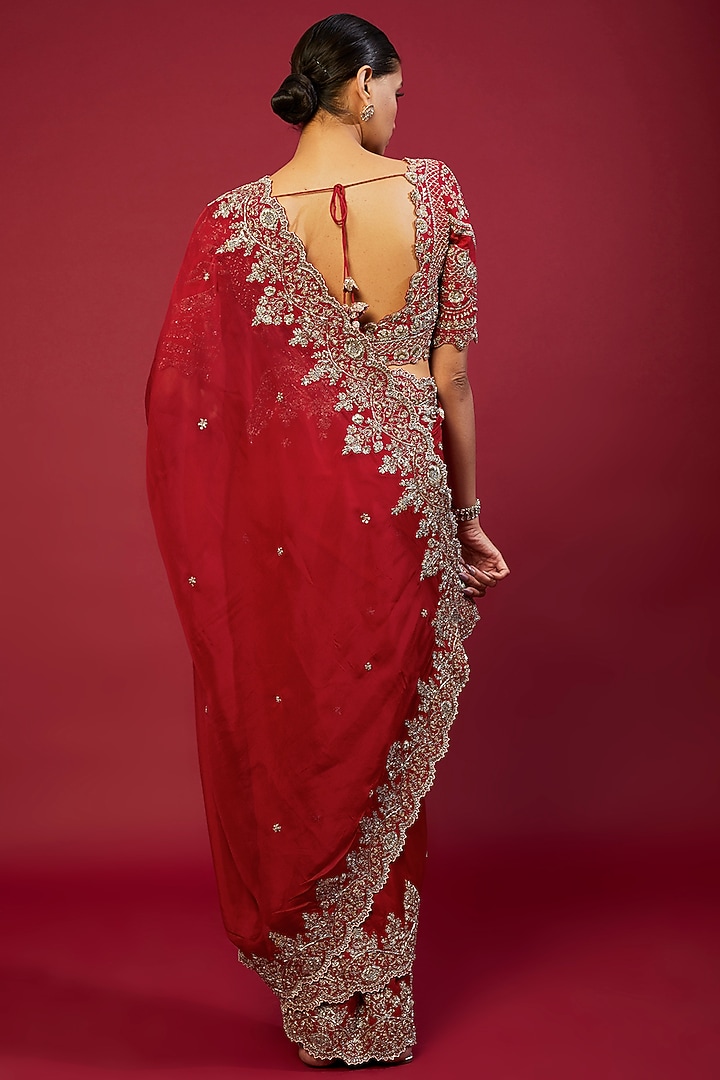 Red Silk Zardosi Embroidered Bridal Saree Set by Jayanti Reddy at Pernia's Pop Up Shop