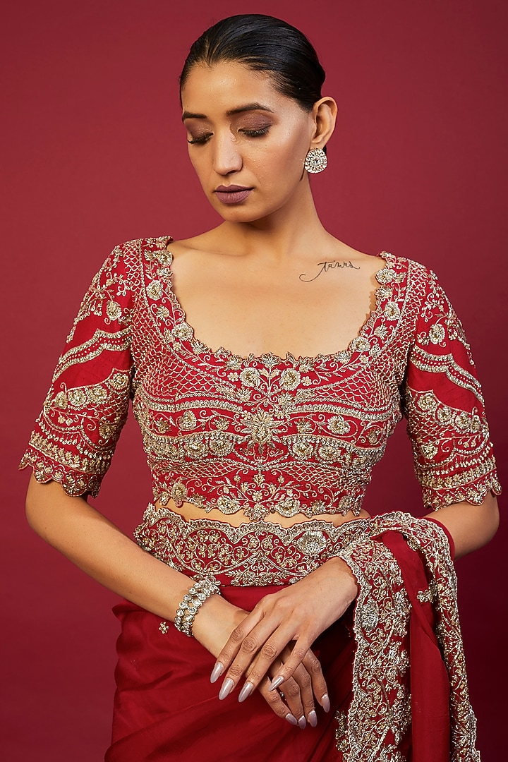 Red Silk Zardosi Embroidered Bridal Saree Set by Jayanti Reddy at Pernia's Pop Up Shop