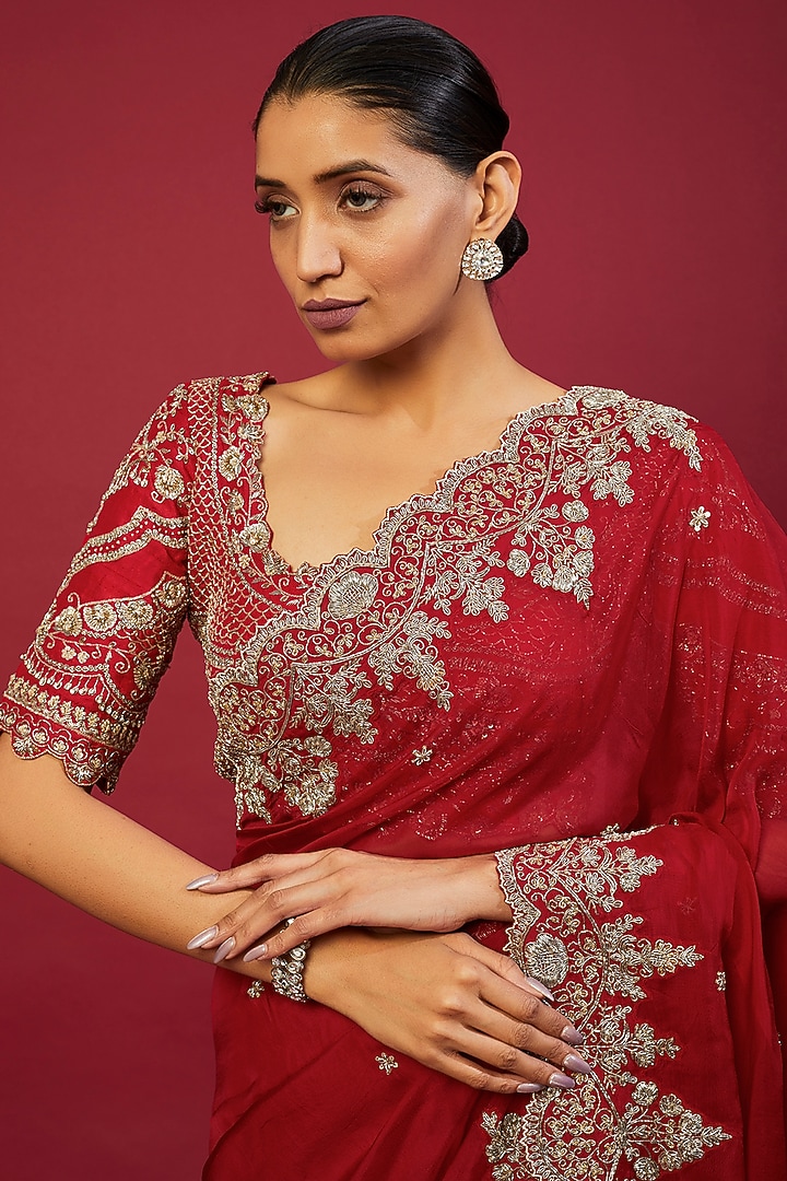 Red Silk Zardosi Embroidered Bridal Saree Set by Jayanti Reddy at Pernia's Pop Up Shop