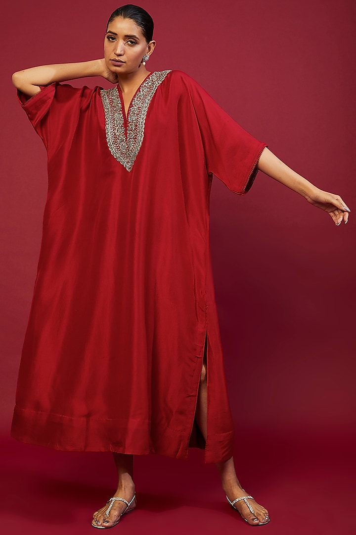 Red Silk Zardosi Embroidered Kaftan by Jayanti Reddy at Pernia's Pop Up Shop