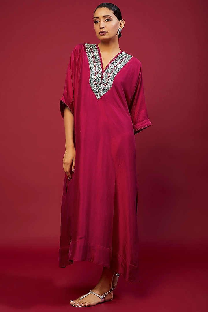 Pink Silk Zardosi Embroidered Kaftan by Jayanti Reddy